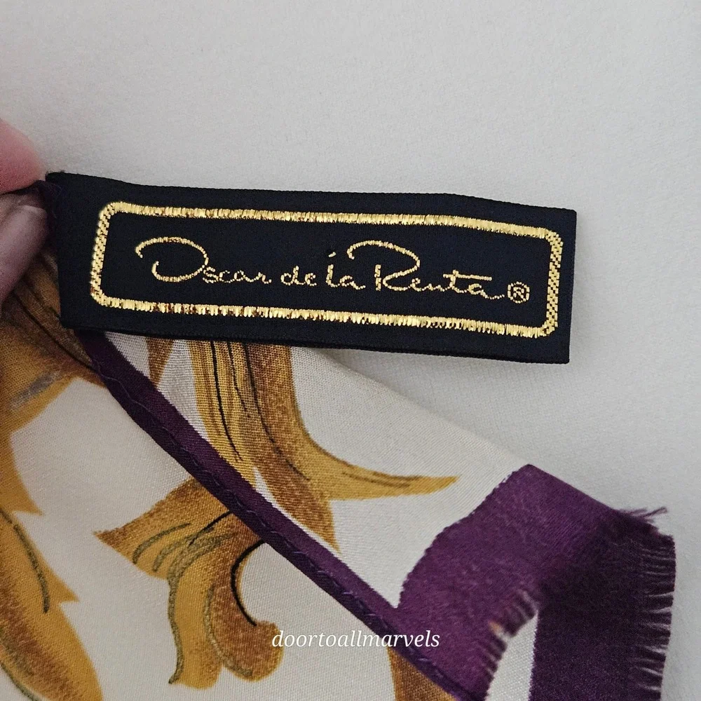Vintage Oscar de la Renta Silk Scarf Floral Baroque Crepe de Chine Metallic Gold - Picture 2 of 11